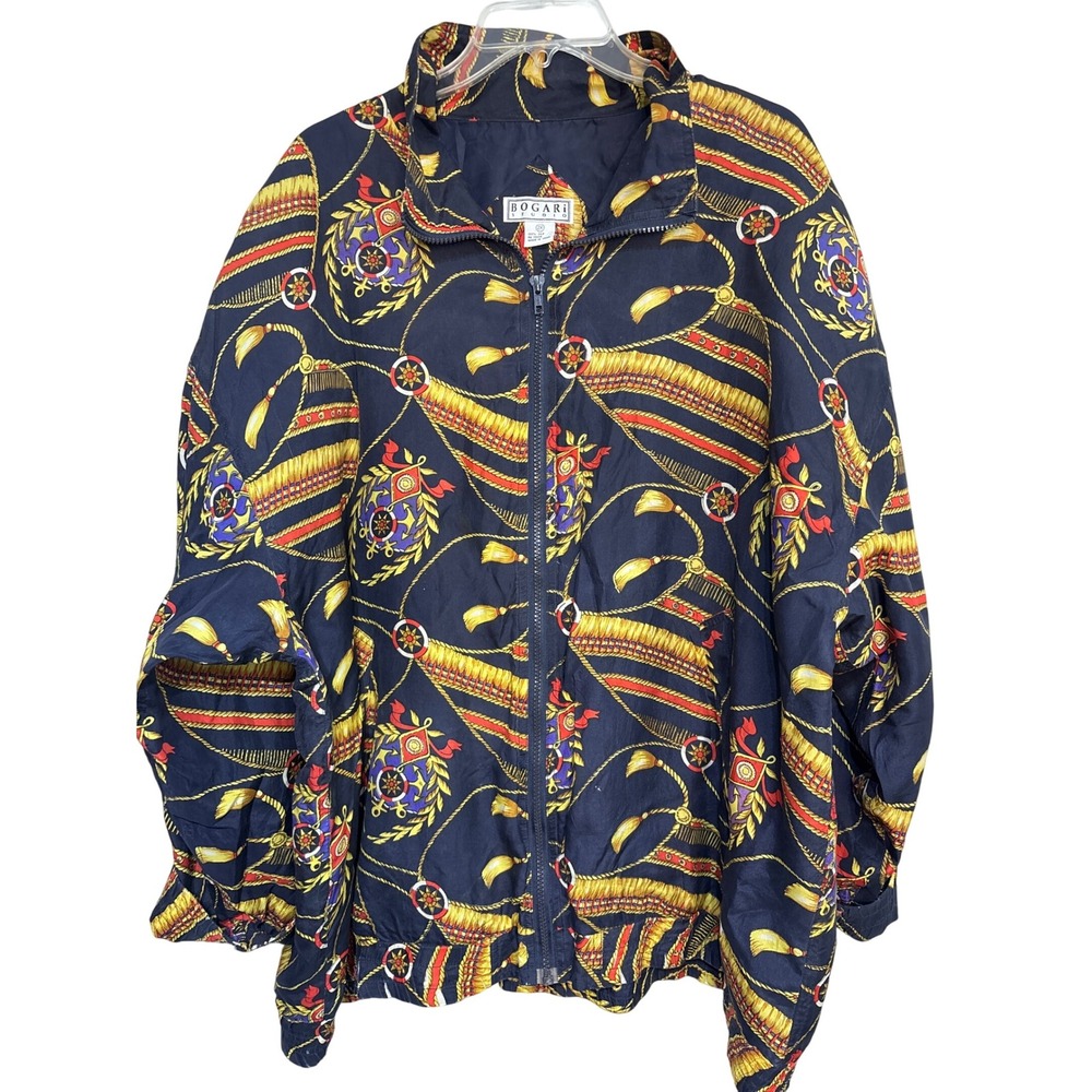 Bogari Studio Silk Nautical Print Full Zip Jacket Women's 2X Navy‎ Red Vintage